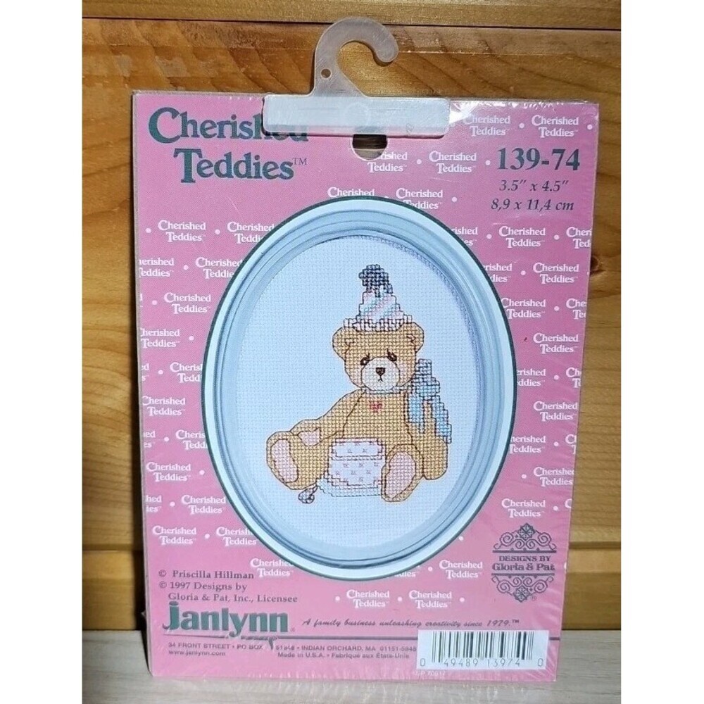 Janlynn Cherished Teddies Birthday Bear Cross Stitch Kit #139-74 - NEW w/Frame